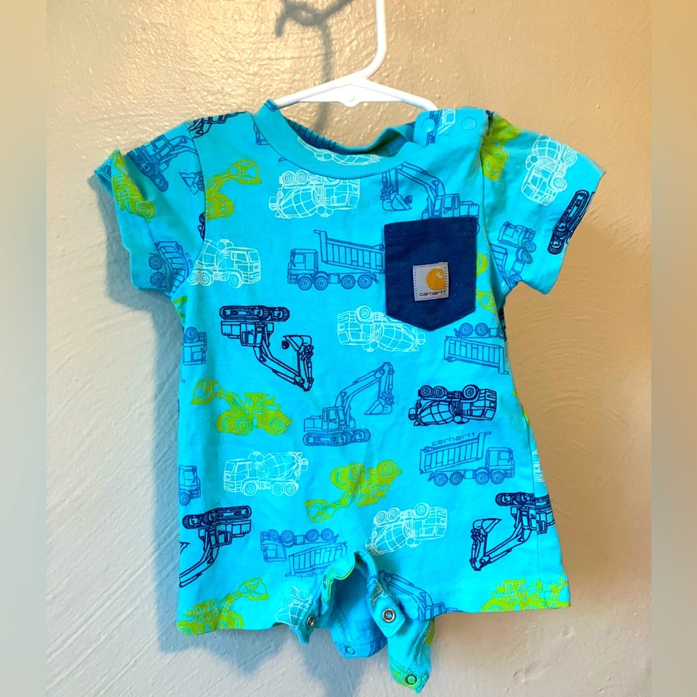Carhartt Teal Baby Romper with Vehicle Print